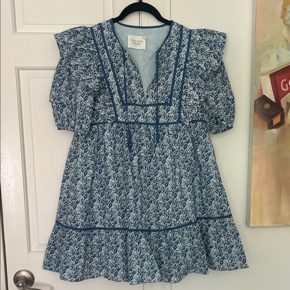 Blue Floral Ruffle-Sleeve Mini Dress - Picture 2 of 11